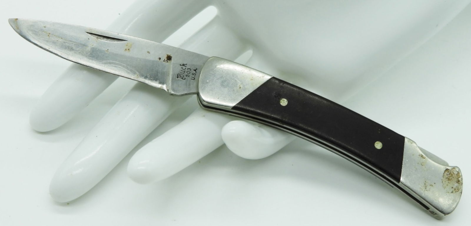 Buck 504 Lock-Back Pocket Knife: Used. Wood and silver handle