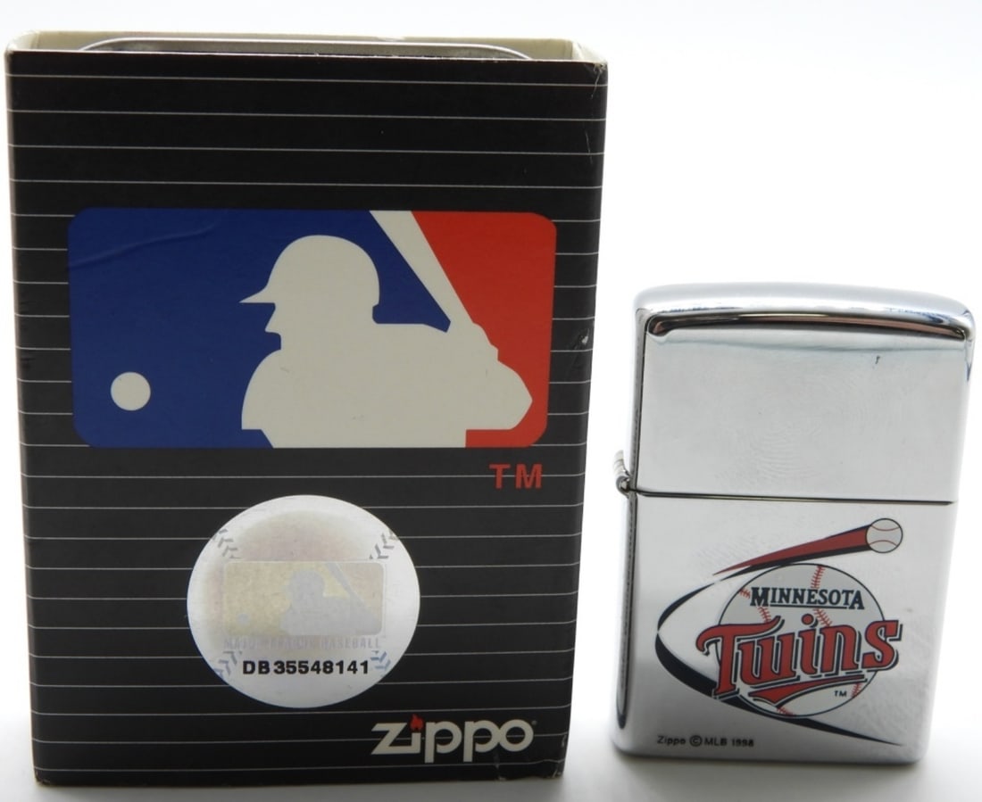 1999 Minnesota Twins Zippo Unfired: Minnesota Twins logo on the front. Comes with Zippo tin case with MLBP logo sticker
