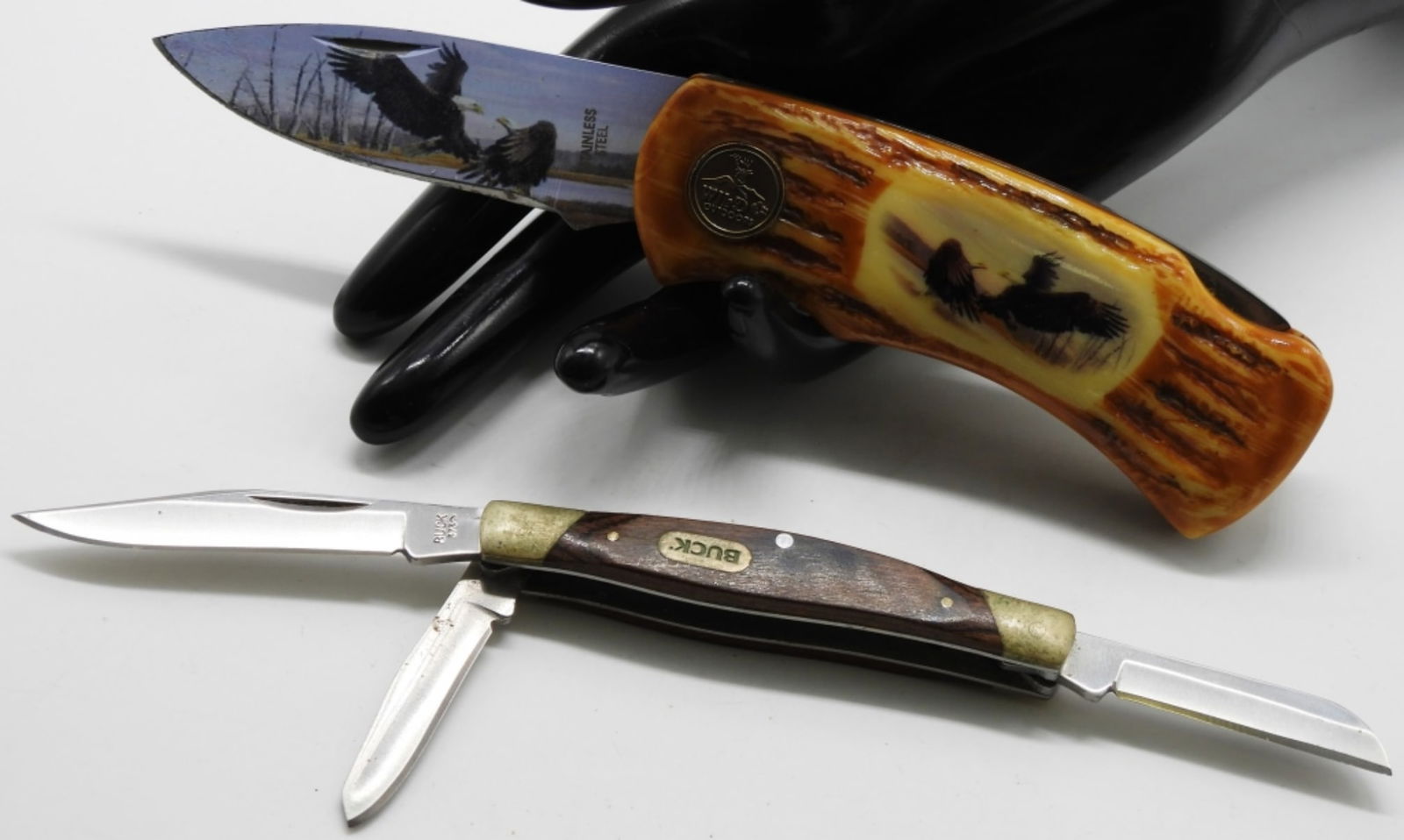 Wild Outdoor Lockback & Buck 373: Outdoor is a lockback, in good condition. Buck 373 is a 3 blade pocket knife, no chips or rust