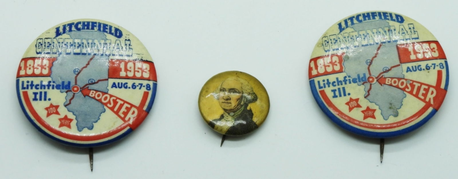 (3) Bicentennial Pins: (2) Litchfield, Ill. Pins (1) George Washington 1932 picture button