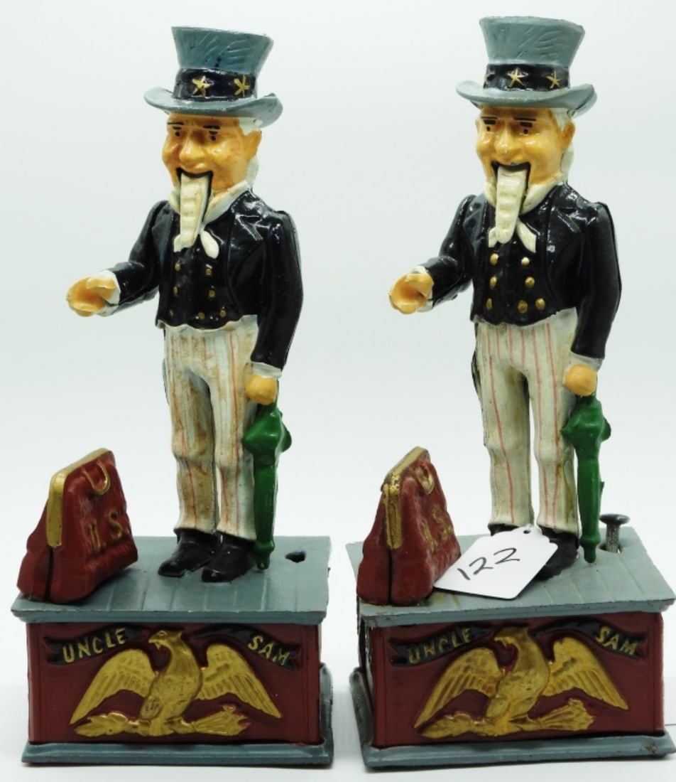 (2) Cast Iron Uncle Sam Bank: (1) Is missing the button