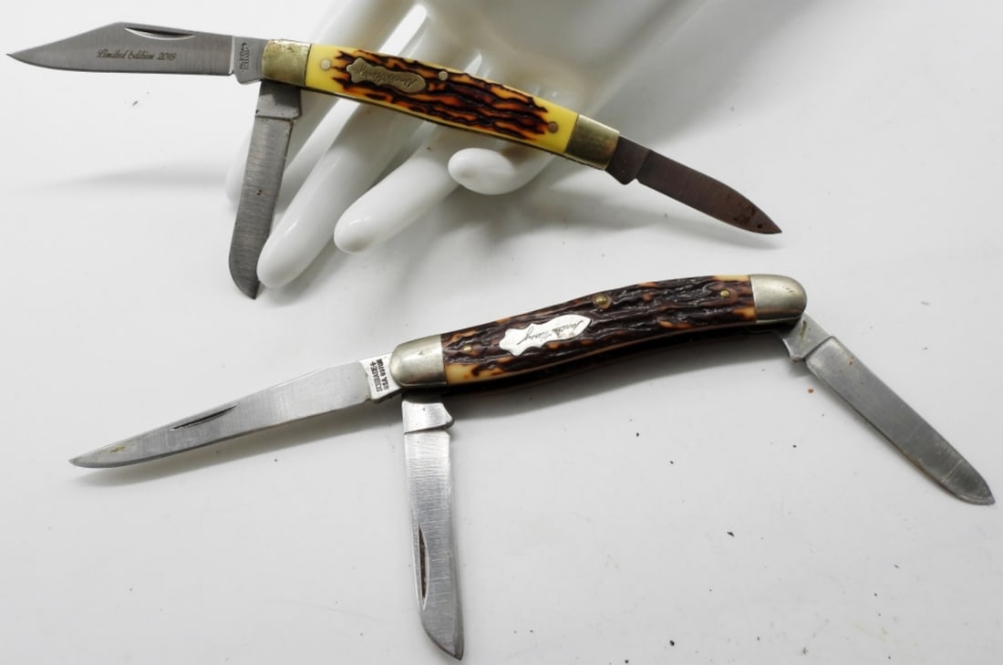 (2) Schrade Uncle Henry Three-Blade Knives: Matching stag handles