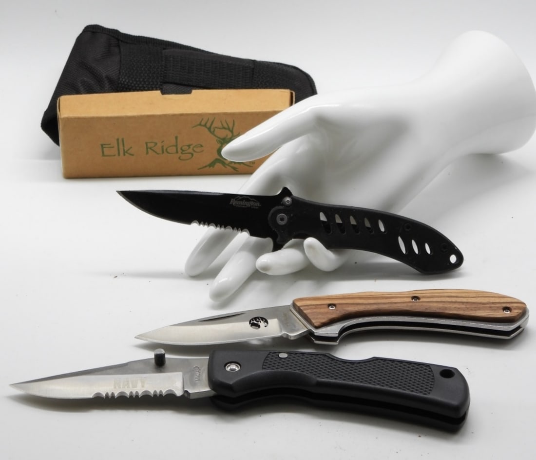 (3) Lock-Back Pocket Knives: 1) Navy Maxam Knife. 2) Elk Ridge ER-094. 3) Remington