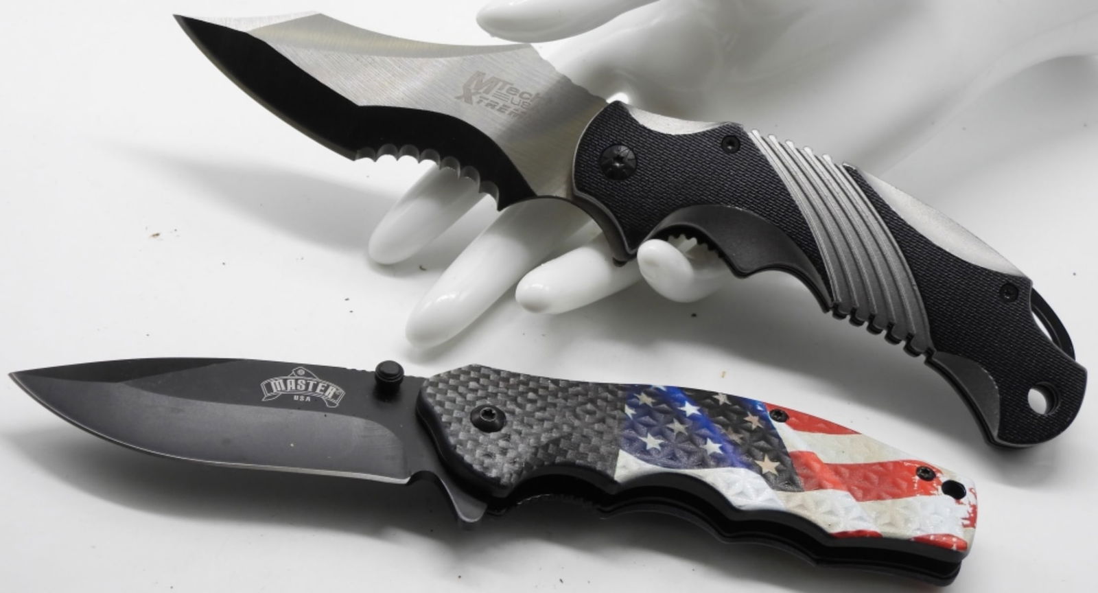 (2) Spring Assist Lock-Back Pocket Knife: 1) Master Edge USA flag handle. 2) MTech XTream Ballistic
