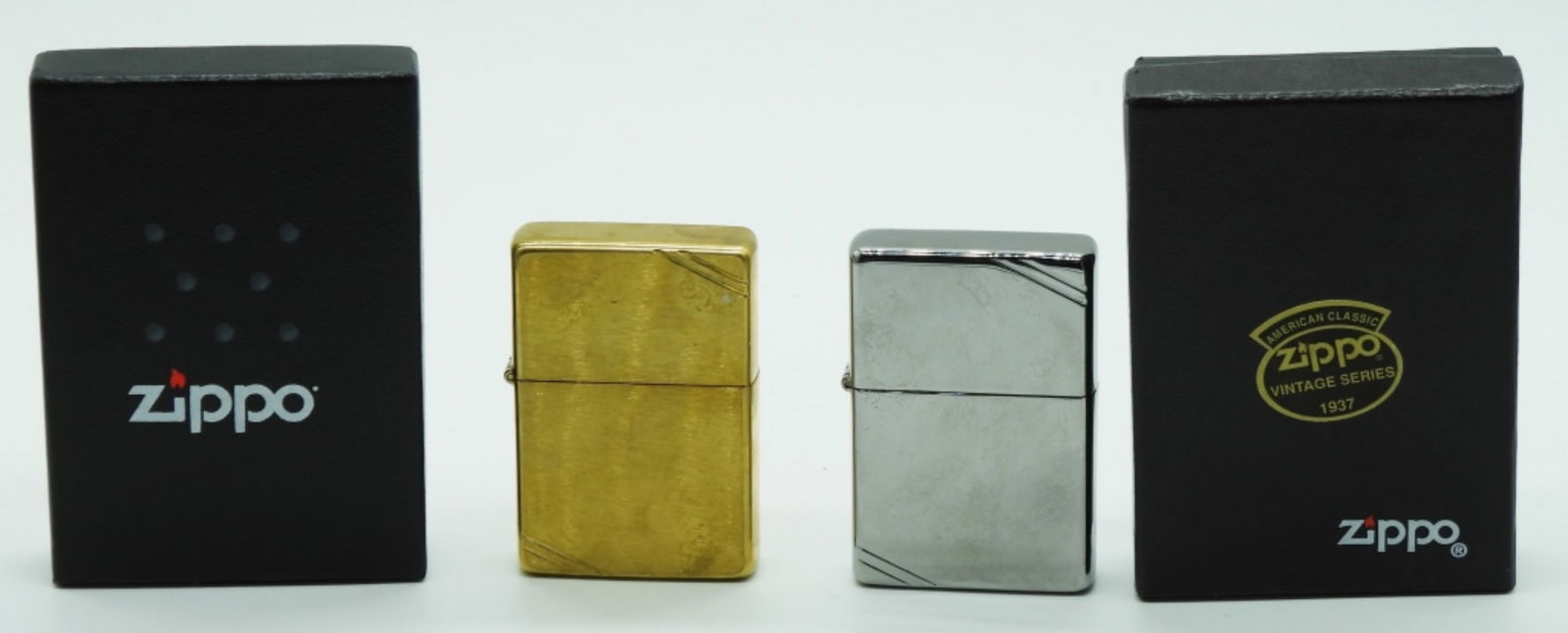 (2) Zippo Blank Lighters Sealed: 1-2022 high polish chrome. 1-1997 classic brushed brass finish. Both in boxes