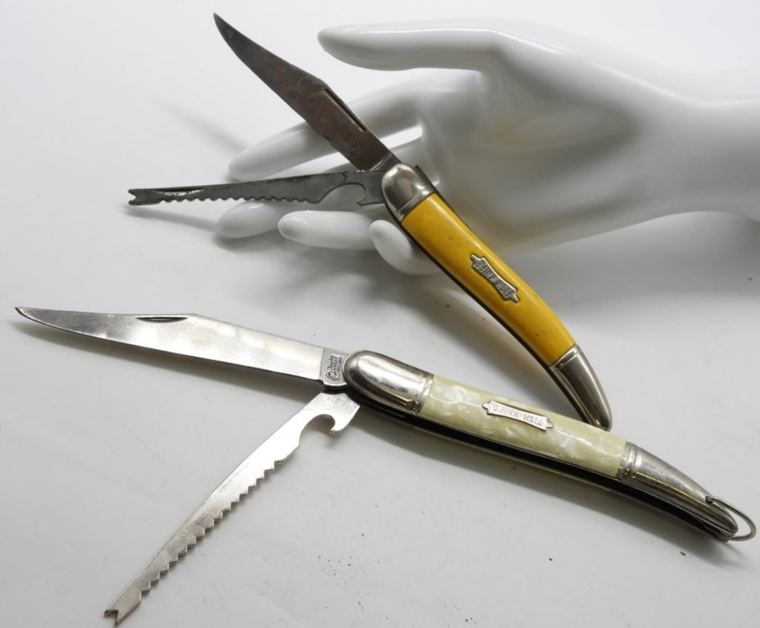 (2) Two-Blade Fishing Knives: (1) Yellow handle. (1) Pearl handle.