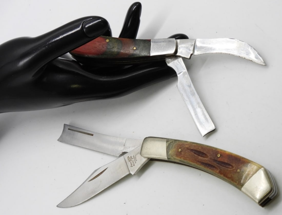 (2) Different Pocket Knives: 1) Pakistan lock-back two-blade pocket knife. 2) Frost Cutlery stag two-blade pocket knife