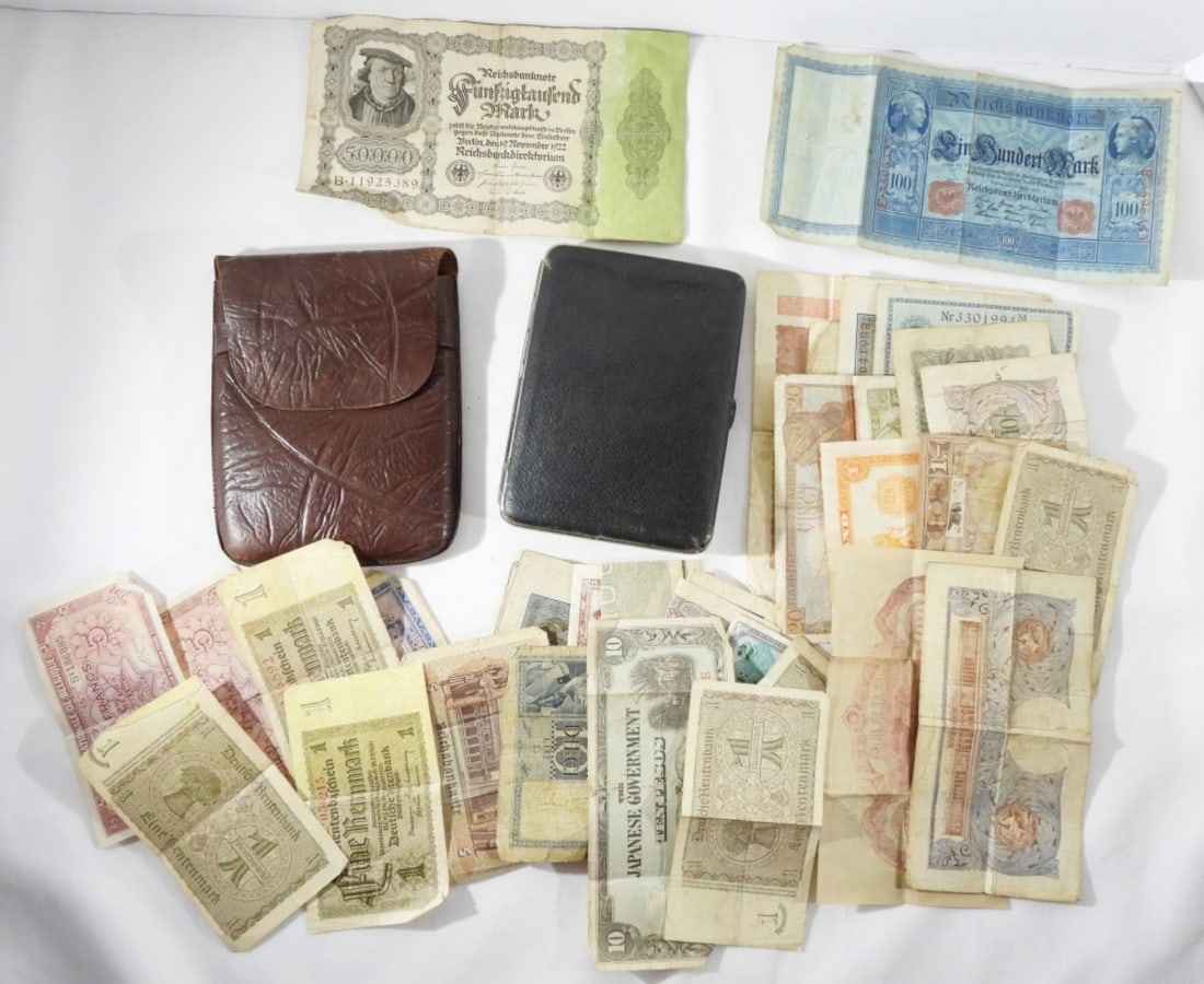 Vintage Leather Wallet w/German Banknotes: Comes with Japanese Banknotes Also, Wallet in a Case