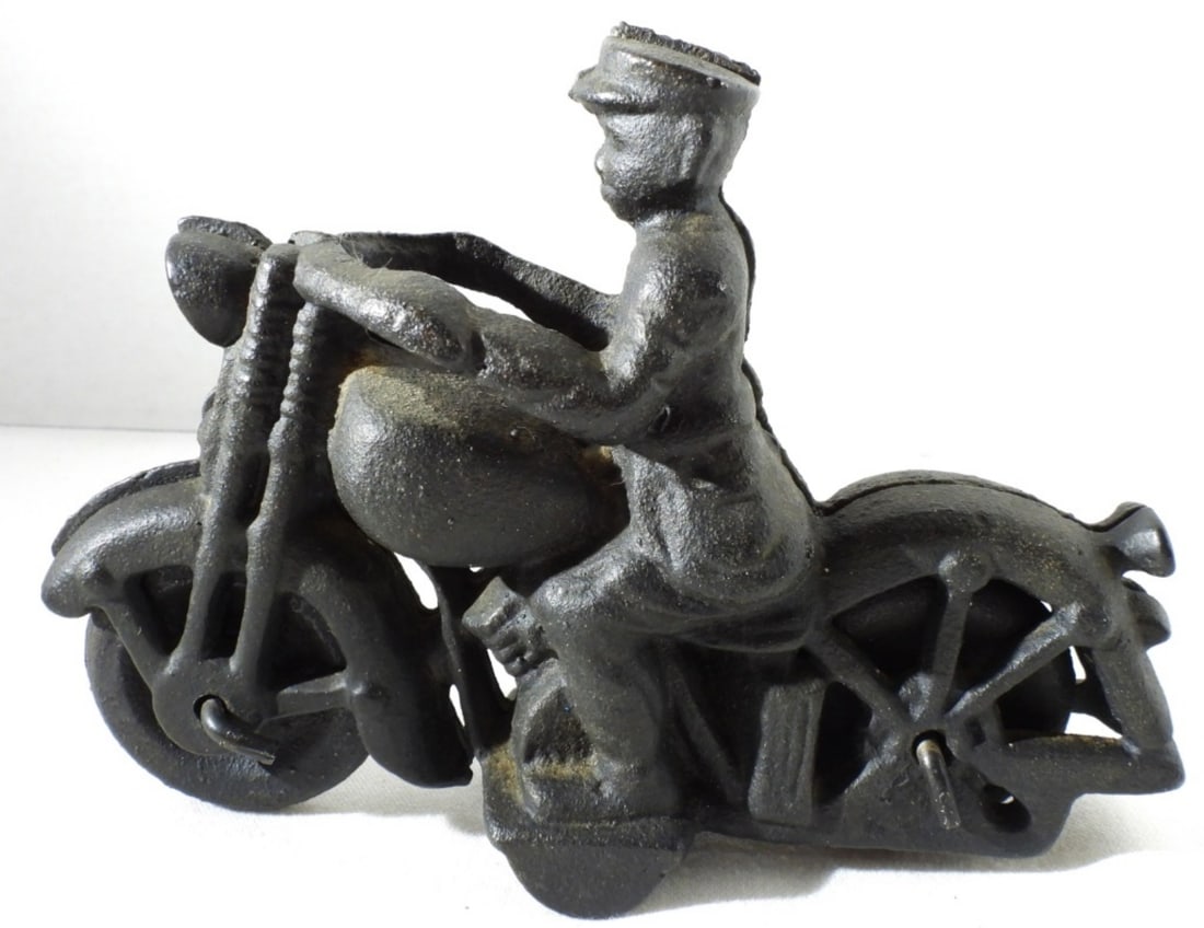 Vintage 1940's Cast Iron Policeman: On Motorcycle Toy