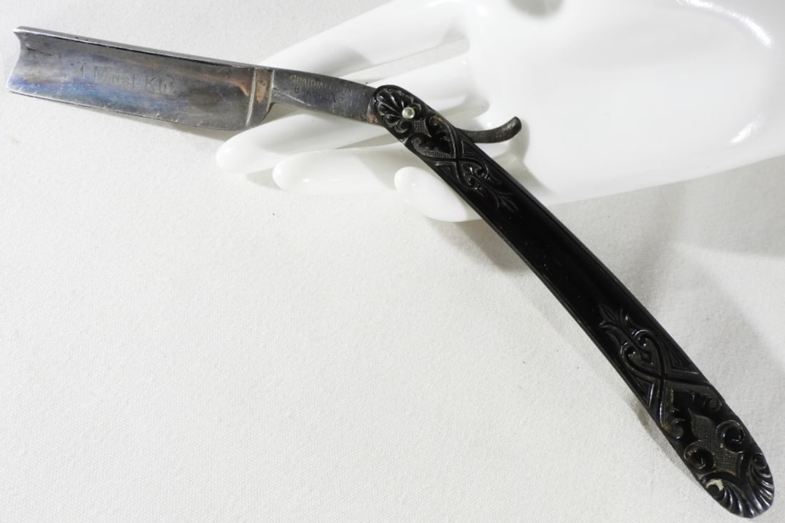 Vintage Crown Cutlery Co.: Germany Straight Edge Razor Ornate Celluloid Handle