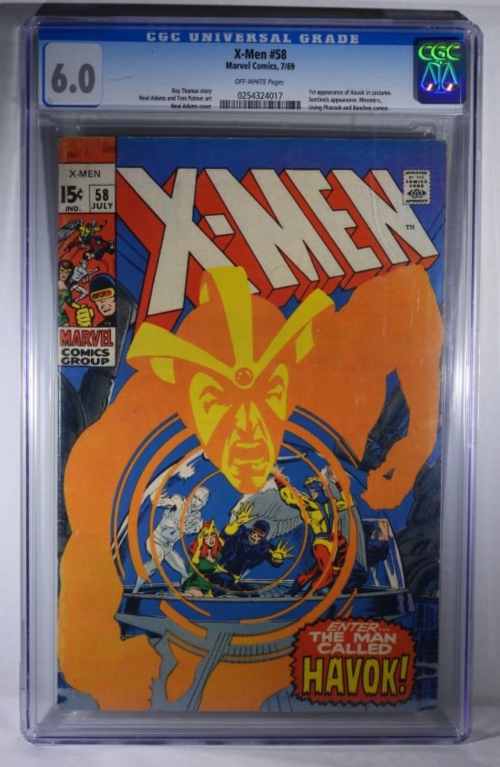 CGC 6.0 X-Men #58 Marvel 1969: 6.0 CGC. X-Men #58 Marvel Comics, 7/69. 1st appearance of Havok in costume. Off-white pages