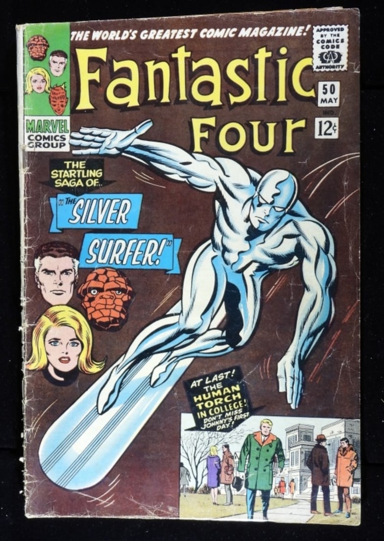Marvel Fantastic Four 1966 #50 (F/G): F/G condition with pieces missing from the spine, creases, and watermarks. 12-cent issue. Cover art by Jack Kirby. The classic battle of Silver Surfer vs. Galactus