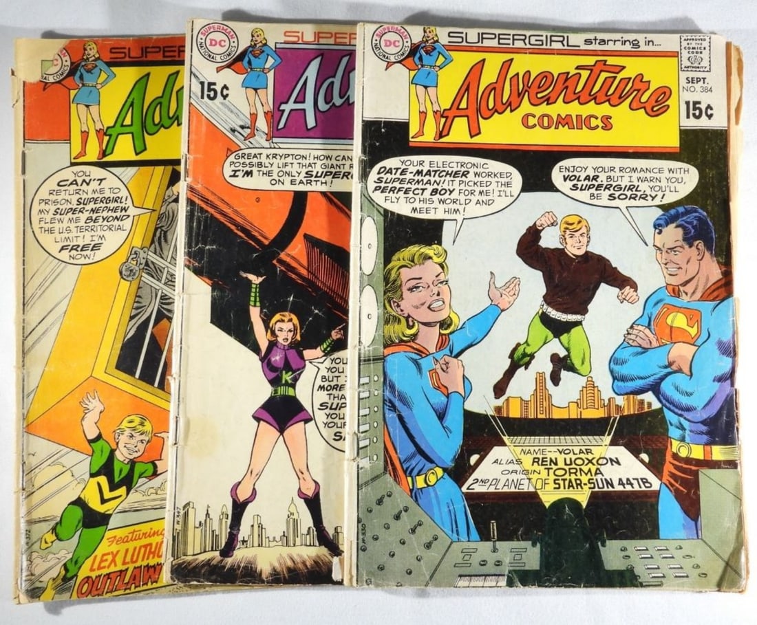 (3) DC Adventure Comics Poor-G: Numbers 384(detached pages and loose torn cover.)385(some bends in the cover), & 387 (missing a bit of the cover on the top by the spine)