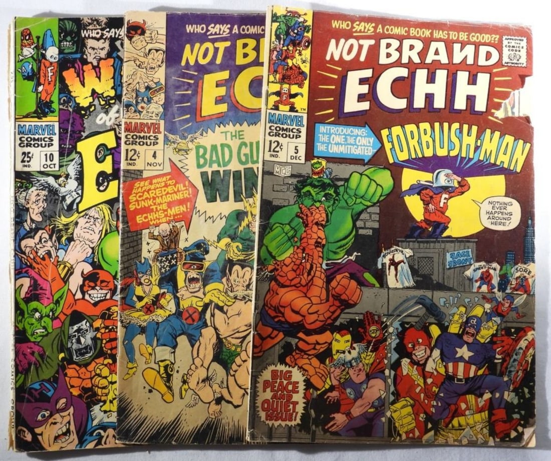 (3) Marvel Not Brand Echh Silver Age Comics: Numbers 4, 5 (missing a chunk out of the cover), & 10 ( there are a few rips along the spine.)
