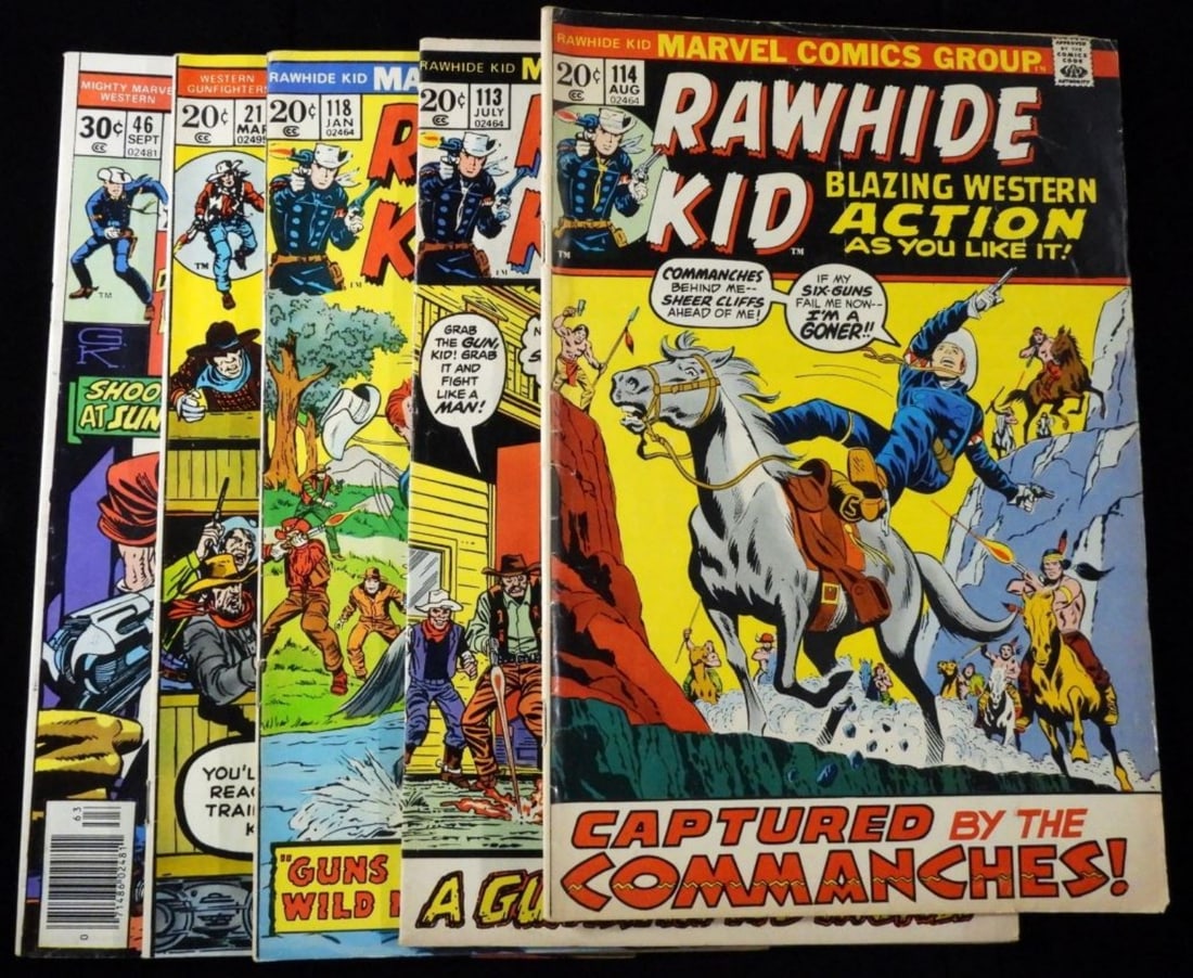 Marvel Comic Lot (5): Rawhide Kid #114, #113, #118. Kid Colt gun slinger Apache kid #21. Two-gun kid & rawhide kid #46. Various conditions