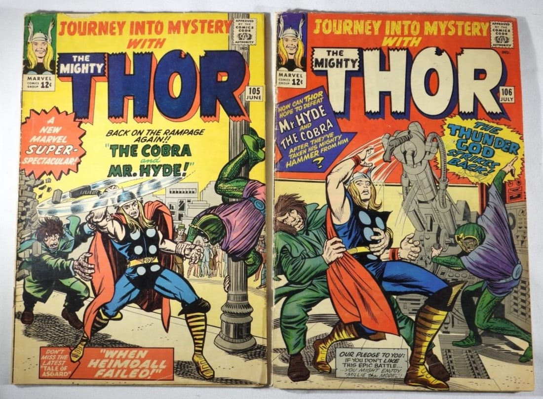 (2) Marvel Mighty Thor #105-106 12-Cent Issues: Both from 1964. In Good condition or better. #105 creasing, color fading along the cover inside, rip on top of the cover. #106 creasing and ink fading. The spine is starting to loosen.