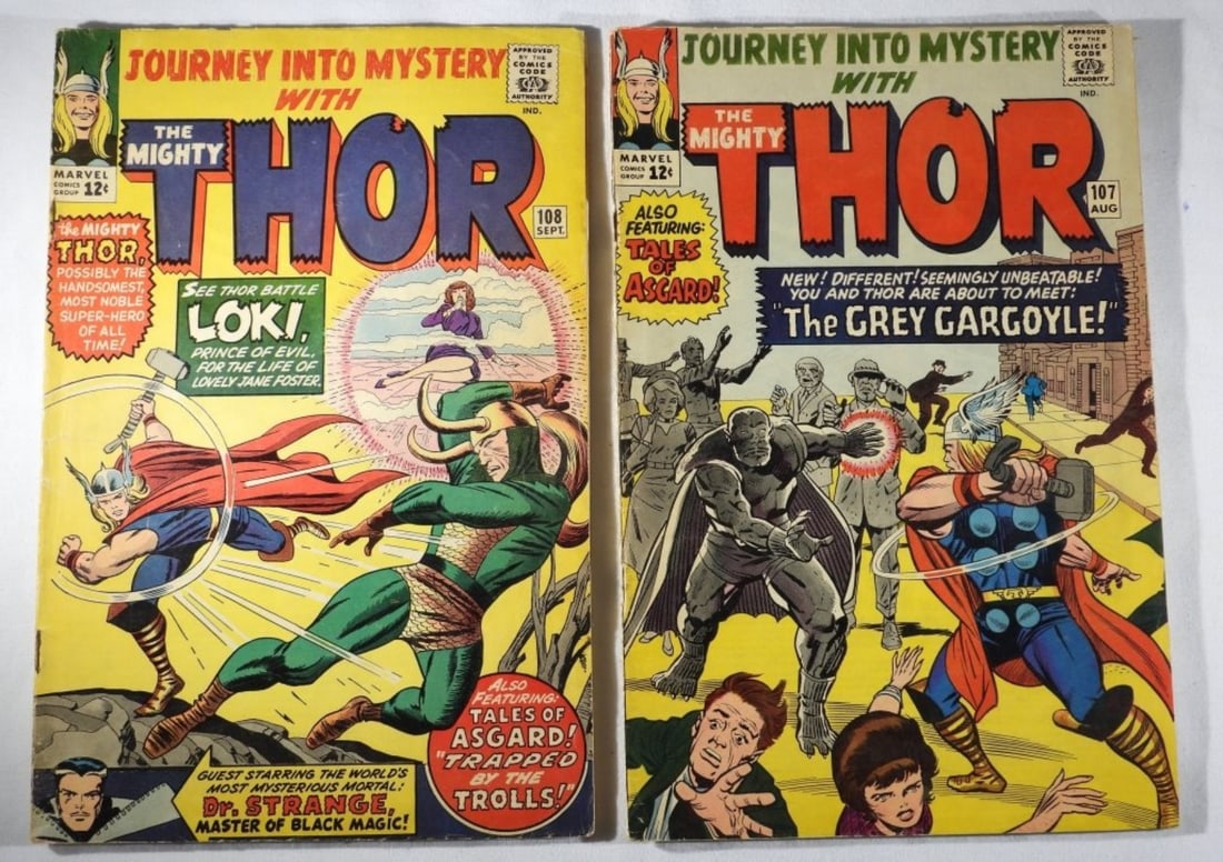 (2) #107 & 108 Marvel The Mighty Thor G/VG: Both are G/VG with creases, color fading along the cover inside, and rounded corners. 12-cent issues 1964