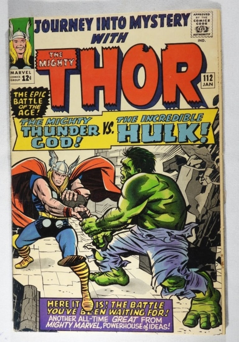 #112 1965 Marvel The Mighty Thor G/VG: Some creases, color fading along the cover inside. Origin of Loki. Thor vs. Hulk cover
