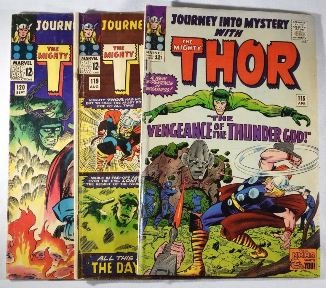 (3) Journey Into Mystery With Thor 1965 Marvel: Marvel all in good condition. With creases and color fading. Spine on #119 is bent over 12-cent issues. #115,119, and 120