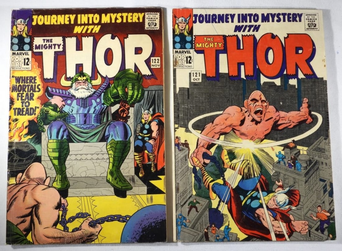 (2) The Mighty Thor 1965 #121 & 122: #121 is in good condition with a pen mark on the front top cover. Some stains and creases. #122 in G/VG condition with some crease along the edges and spine. Both 12-cent issues