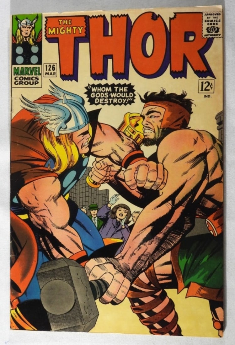 The Mighty Thor #126 1966 Marvel G/VG: G/VG condition with some creasing at the top of the cover. It has an ink spot on top as well. 1966. Classic battle of Thor vs Hercules.12-Cent issue
