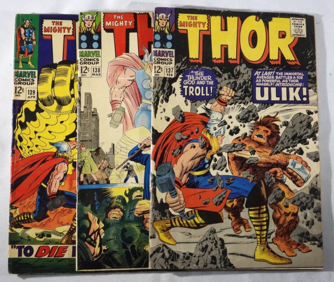 (3) The Mighty Thor #137-139 Marvel 1967: G/VG condition with creases and color fading inside the cover. 12-cent issues #137,138,139.