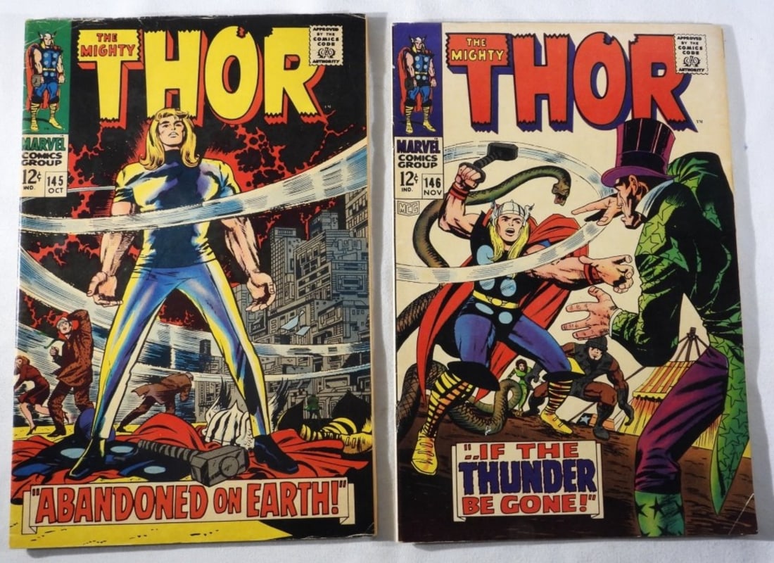 #145-146 The Mighty Thor Marvel G 1967: G condition with creasing, Ink stain on the back, 12-cent issue #145. #146 bottom corner is bent over and starting to rip.