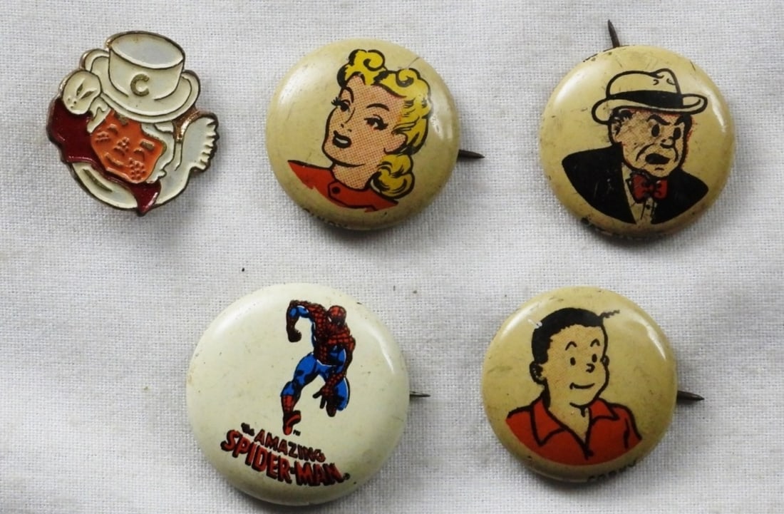 (5) Comic Pep Pins: (3) Kellogg's Cereal Pep Pin (1) The Amazing Spider-Man (1) Has freckles and a "C" on his top hat.