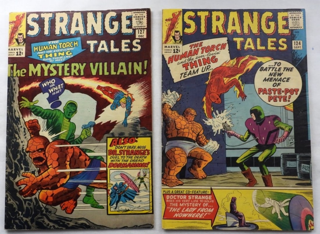 Strange Tales #124 & #127 G/VG 1964: 1964 12-cent issues. Creasing and color fading with normal wear over the years. Ink marks on the top of the comic.