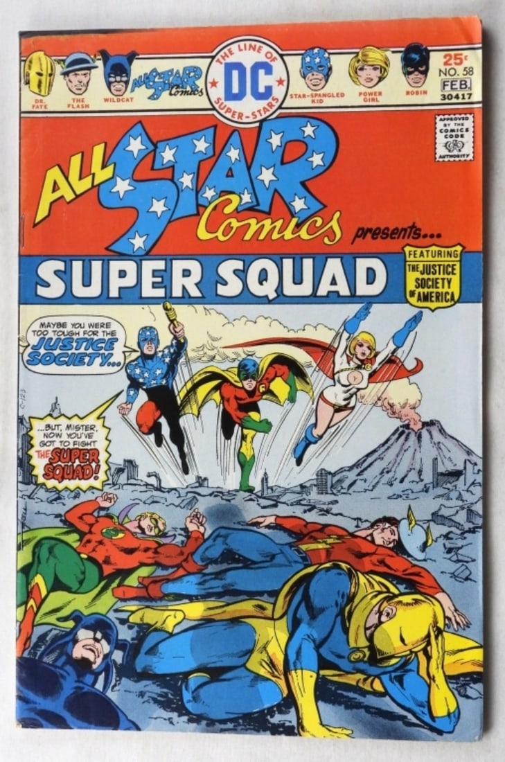 All Star Comics #58: DC 1976 presents Super Squad 1st appearance of Power Girl! either ink bleed or someone marked with a marker on top pages see pictures
