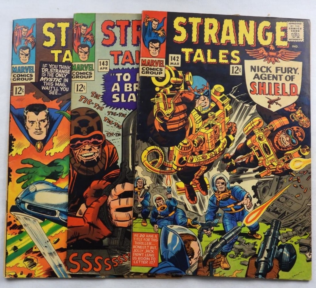(3) Strange Tales 12-Cent Marvel #142-144: 1966-12-cent issue. All are In G/VG normal wear from the years, and some creases.