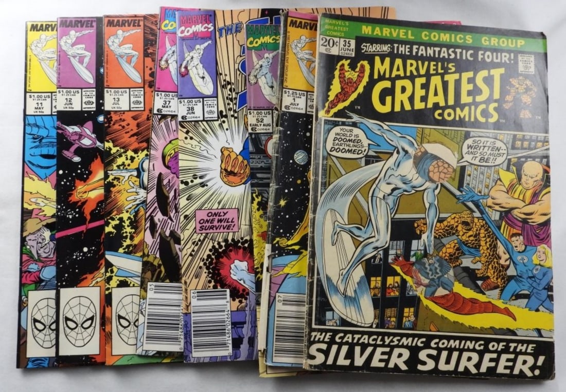 (8) Silver Surfer: #'s 1, 11, 12, 13, 37, 52, & #35 Marvels Greatest Comics (35) missing two faces on cover they were cut out & (1) is detached from the spine
