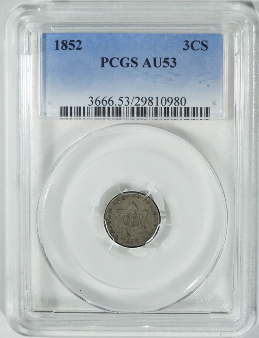 1852 3 Cent Silver, PCGS AU-53: Bid with Vintage Auctions