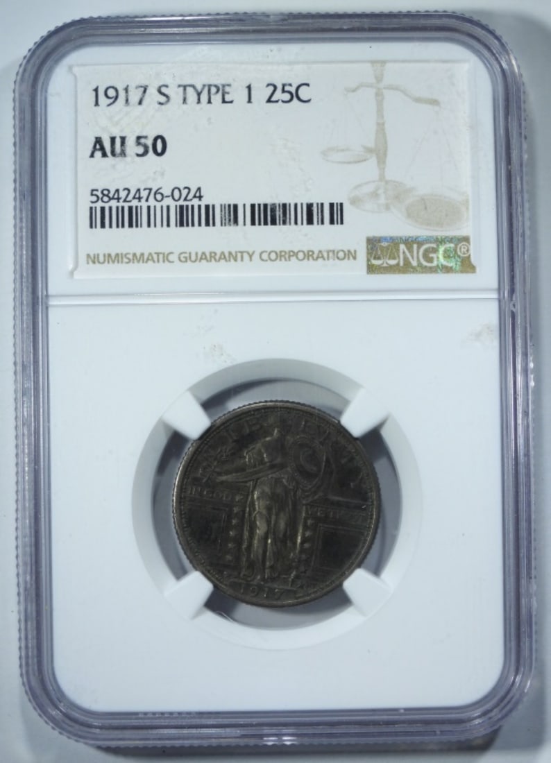 1917-S T-1 Standing Quarter, NCG AU-50: Get yours today