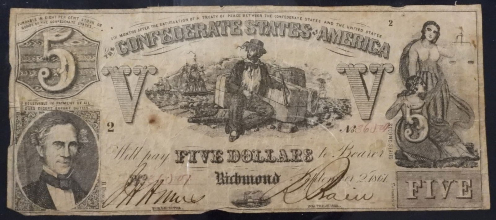 1861 $5 Confederate Note, Sept. 2: Richmond, VA