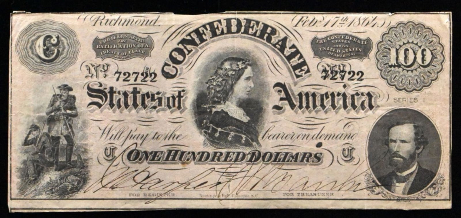 1864 $100 Confederate Note, Feb 17, 1864 (1 of 2)