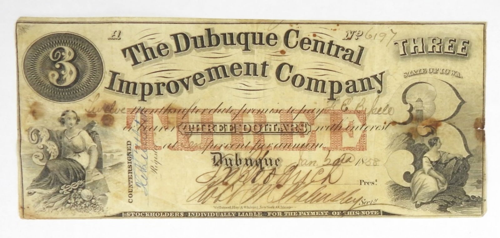 1858 Dubuque Central Improvement Company $3: State of Iowa