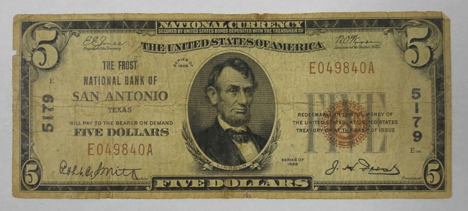 1929 $5 First National Bank of San Antonio: The First National Bank of San Antonio Texas $5 #5179, National currency