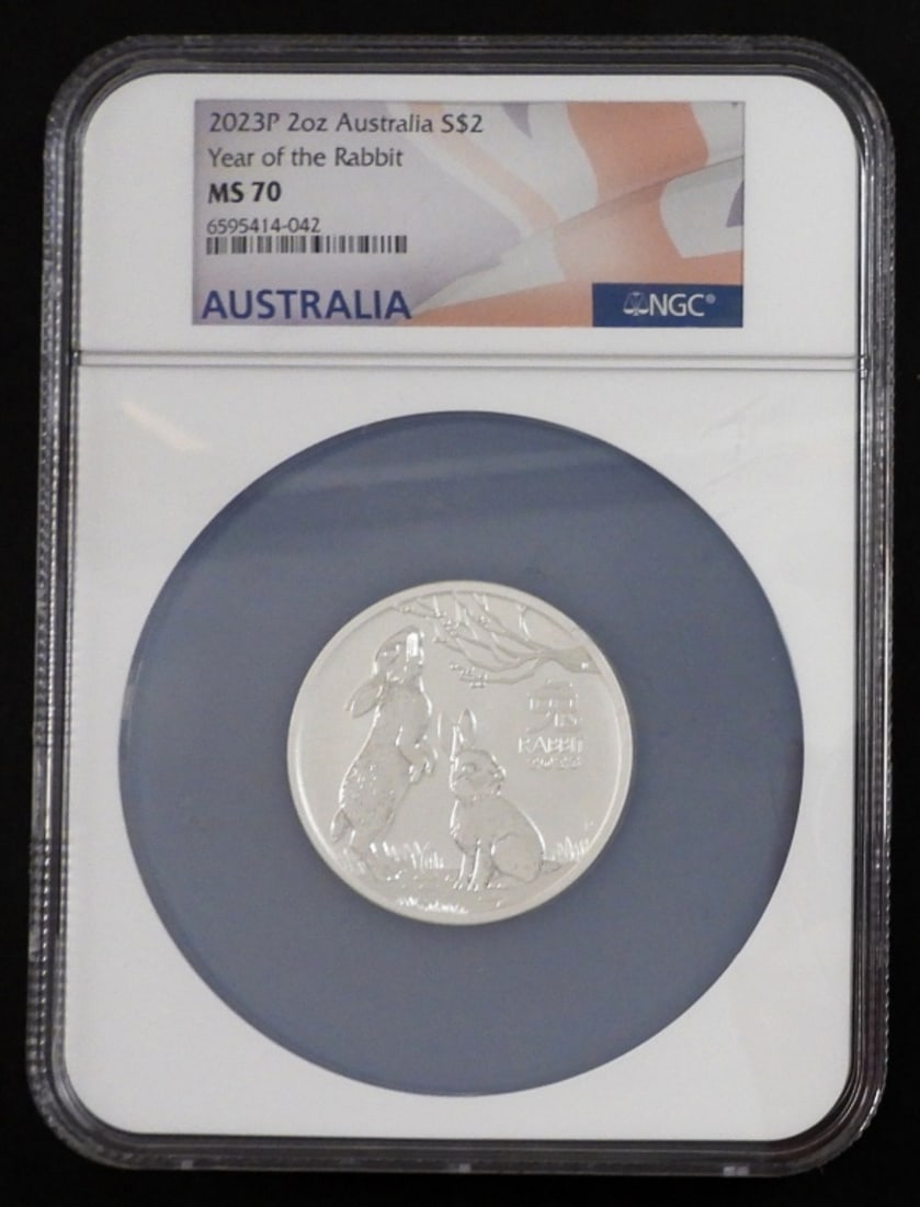 2023-P $2 Year Of The Rabbit 2 OZ Silver MS70: 2023-P $2 Australia silver year of the Rabbit MS-70