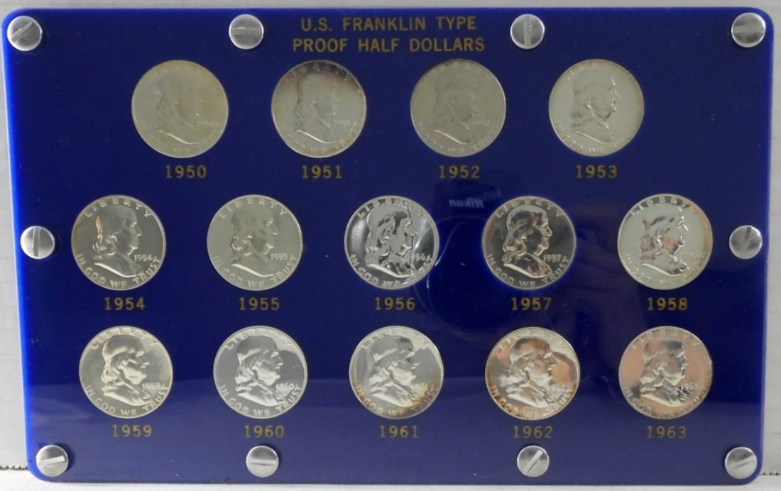 Proof Franklin Half Dollar Set: in nice plastic, screw down holder 1950-1963 (14 Coins)
