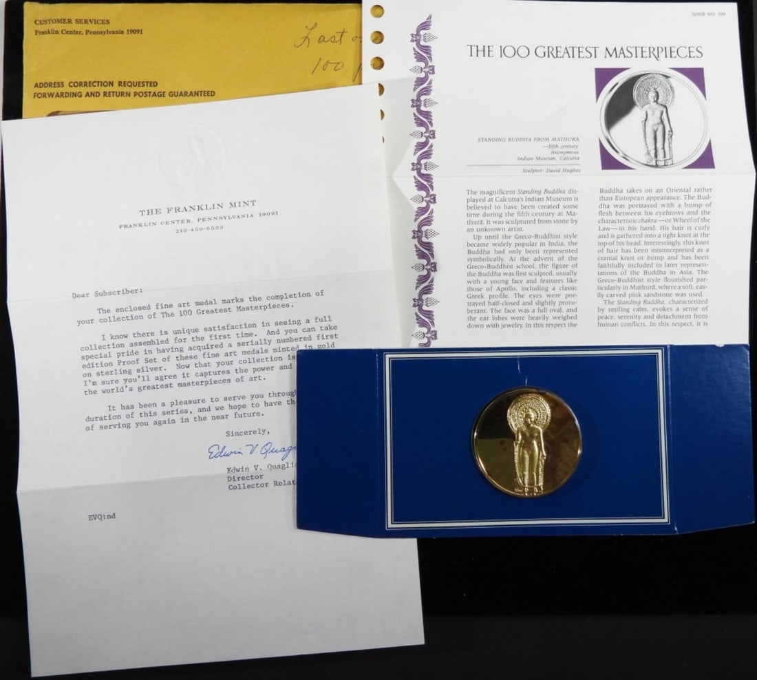 Franklin Mint Standing Buddha From Mathura: 5th Century Indian. 2 oz Art Round-The 100 Greatest Masterpieces with Original Envelope
