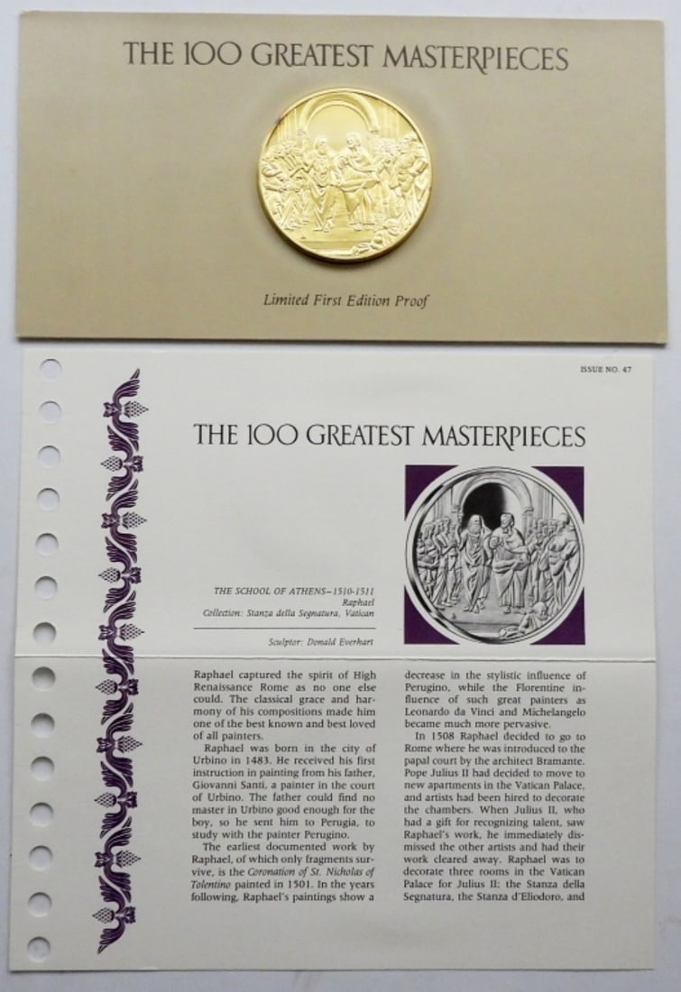 Franklin Mint- School of Athens: 2 oz Art round - The 100 greatest masterpieces. In original envelope.