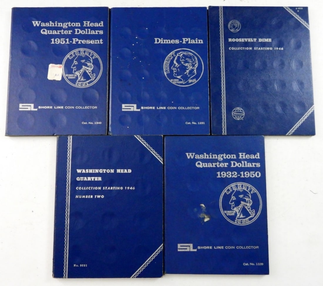 (5) Used Shoreline & Whitman Coin Albums: Dimes-Plain, Roosevelt Dime1946, Washington Head Quarter Dollars 1951-Present, Washington Head Quarter Dollars 1932-1950, & Washington Head Quarter Collection Starting 1946 Number Two