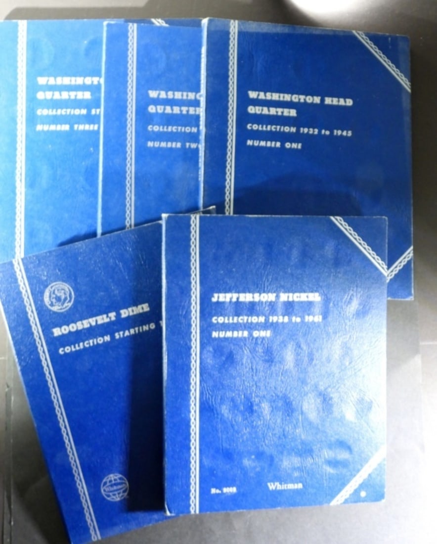 (5) Used, Empty Whitman Coin Albums: Jefferson Nickel 1938-1961, Roosevelt Dime 1946, Washington Quarter 1932-1945, 1946, & 1960