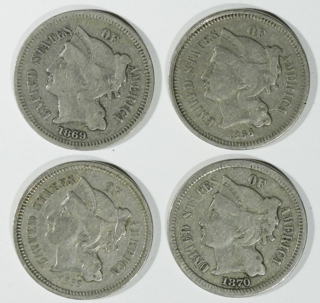 (4) Average Circ 3 Cent Nickels (1 of 2)