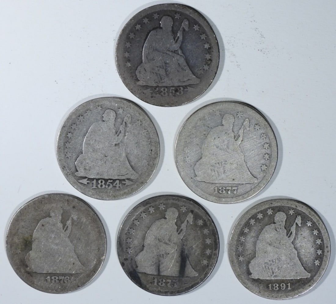 (6) Low Grade Seated Quarters: 1875, 1876, 1891,1877-S, 1854, 1853 Arrows & Rays