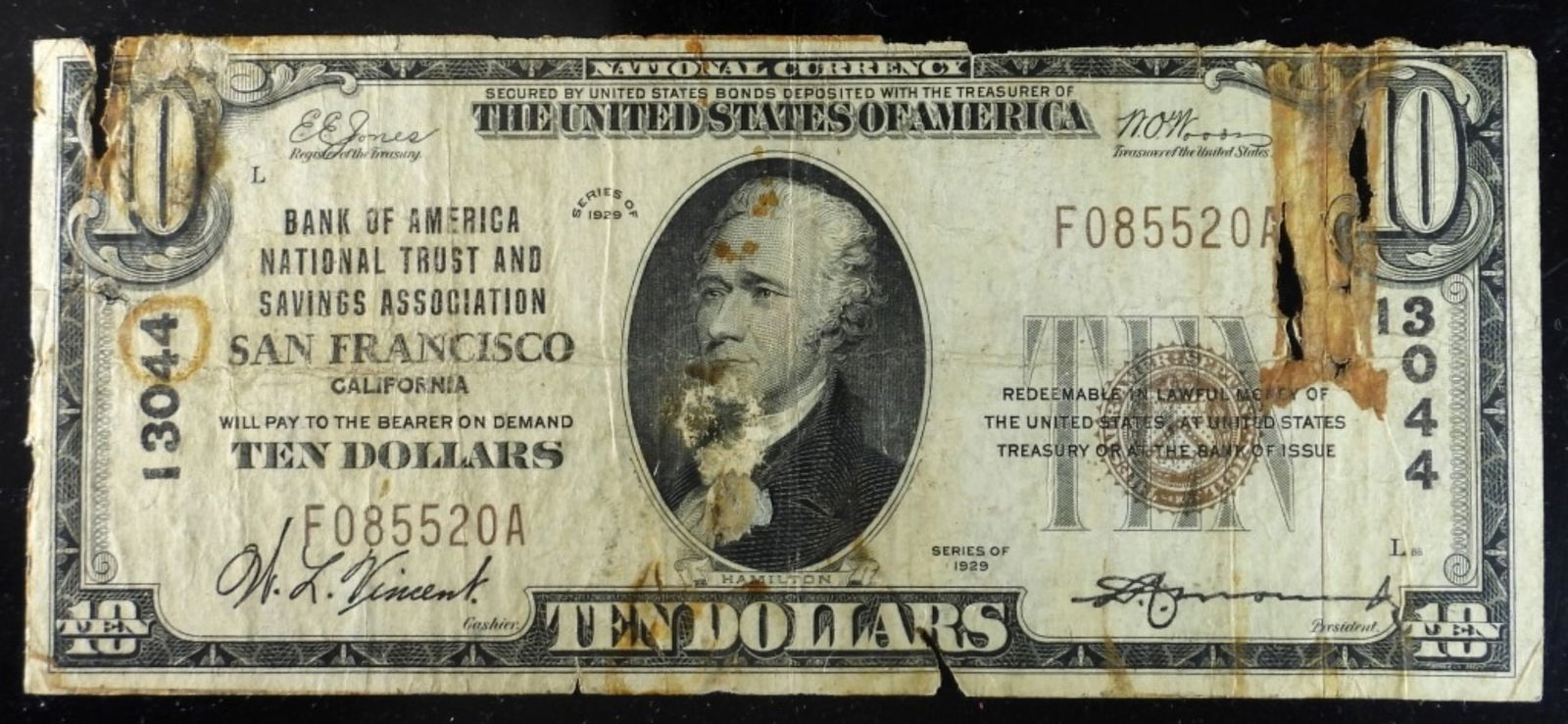 1929 Series $10 San Francisco CA: Bank of America National Trust And Savings Association