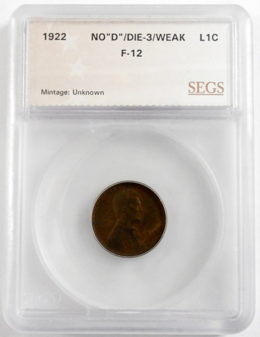 1922 No "D" Lincoln Cent SEGS F-12: Die-3 / Weak