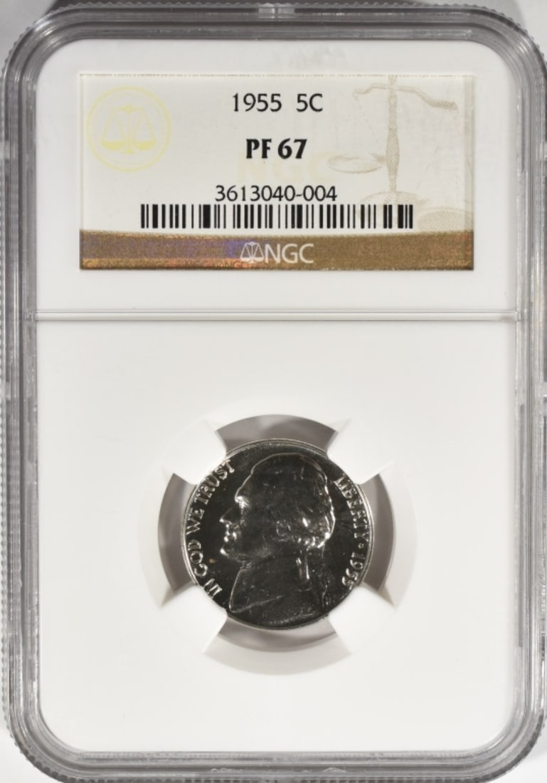 1955 Jefferson Nickel, NGC PF-67: Follow us on Facebook, Instagram, X, and TikTok.