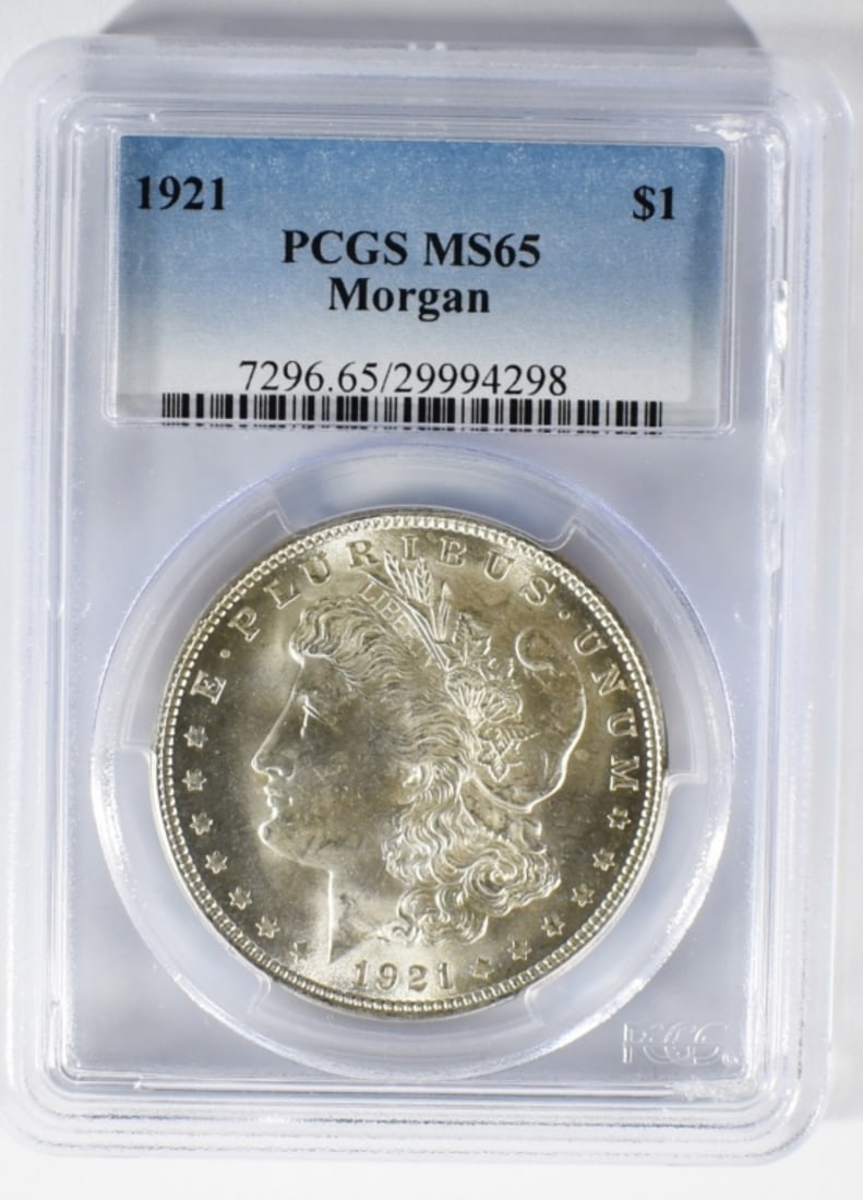 1921 Morgan Dollar, PCGS MS-65: Slabbed chipped on the back